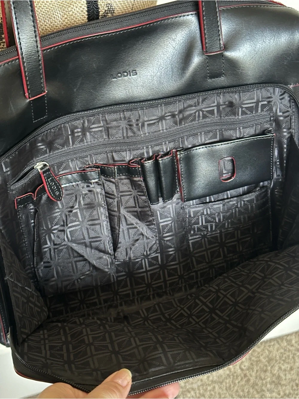 Lodis Black Leather Tote Bag with Red Trim
